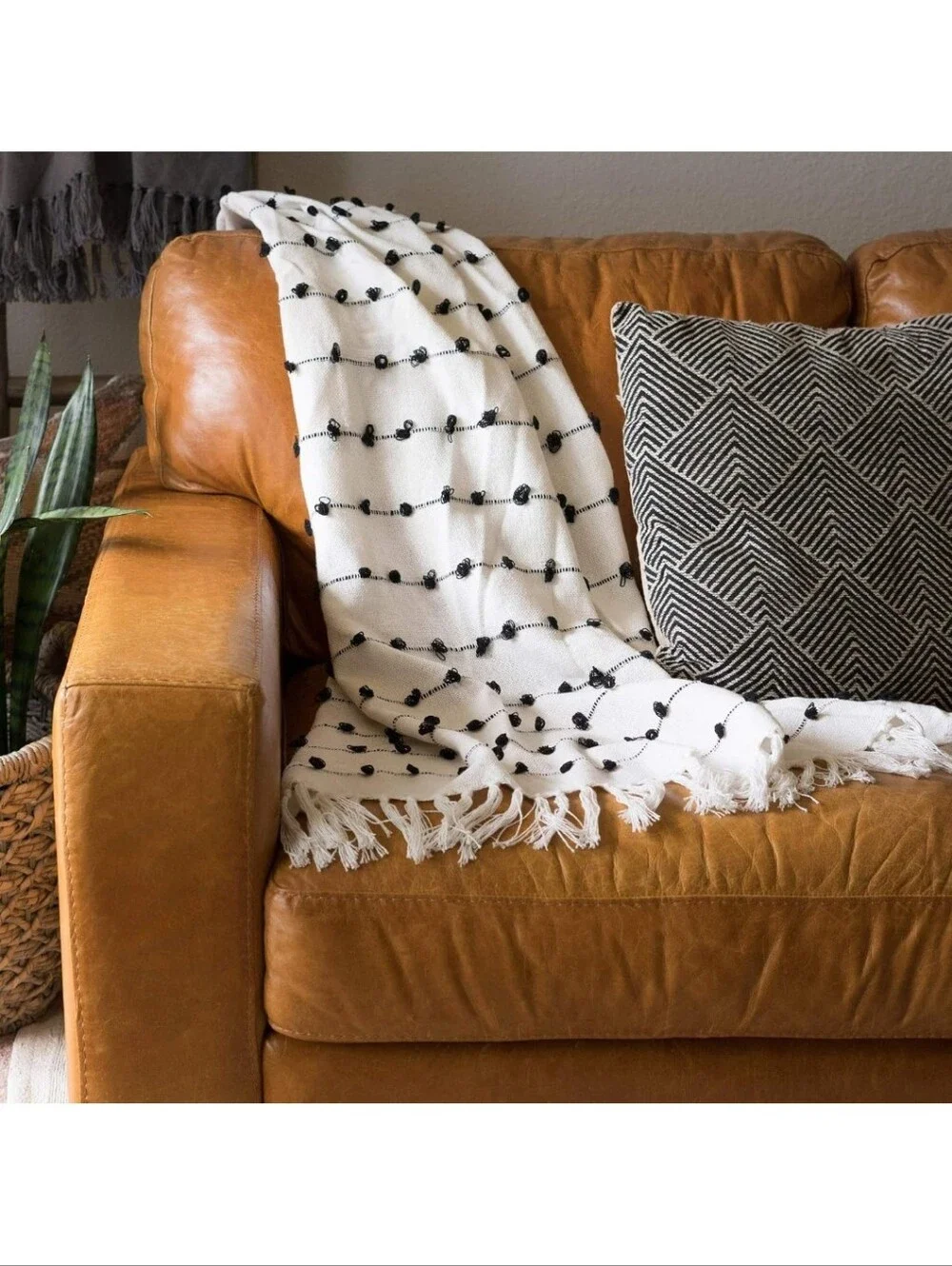 Off-white & Black Woven Cotton Loop Throw Blanket With Fringe